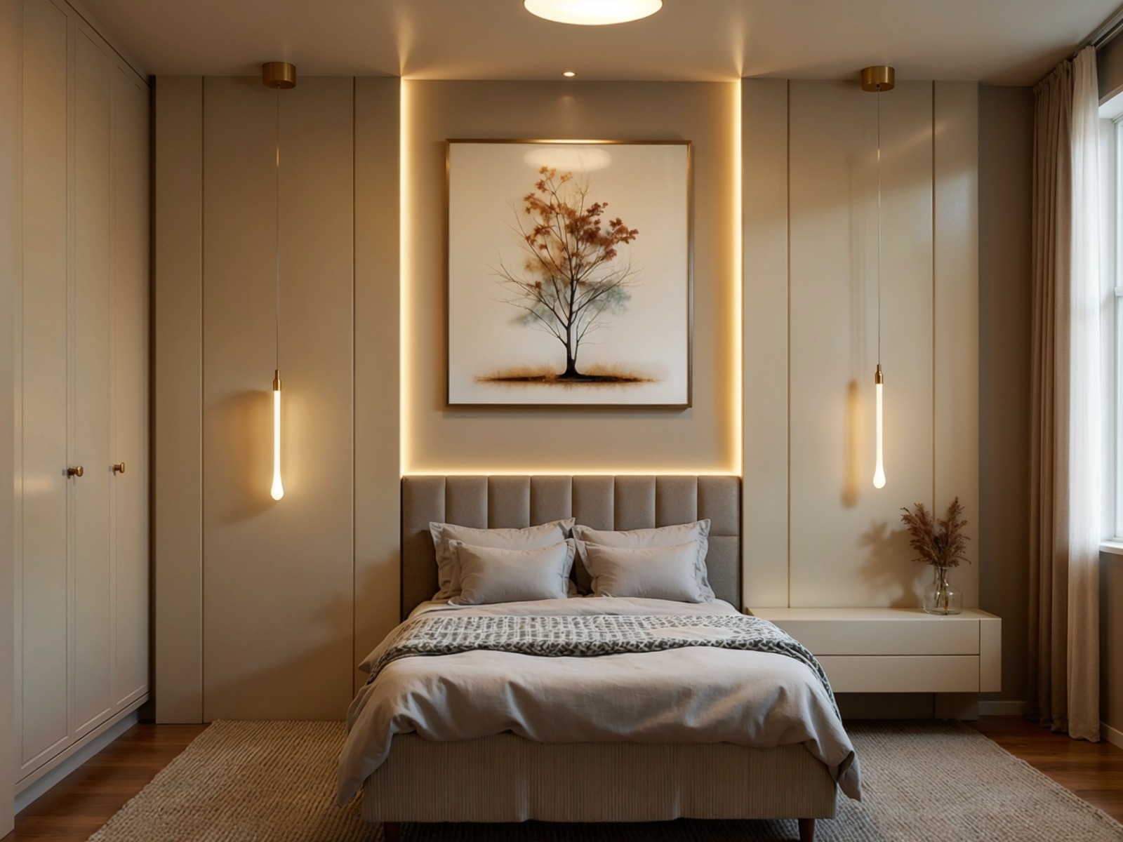 Sala de estar iluminada com tons quentes